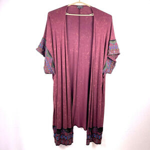 POL Burgundy Embroidered Rayon Kimono Robe Acid Wash Longline One Size Boho